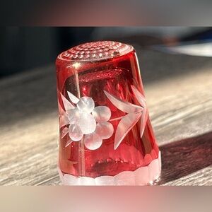 Vintage Red Glass west germany Thimble with Floral Design cranberry glass